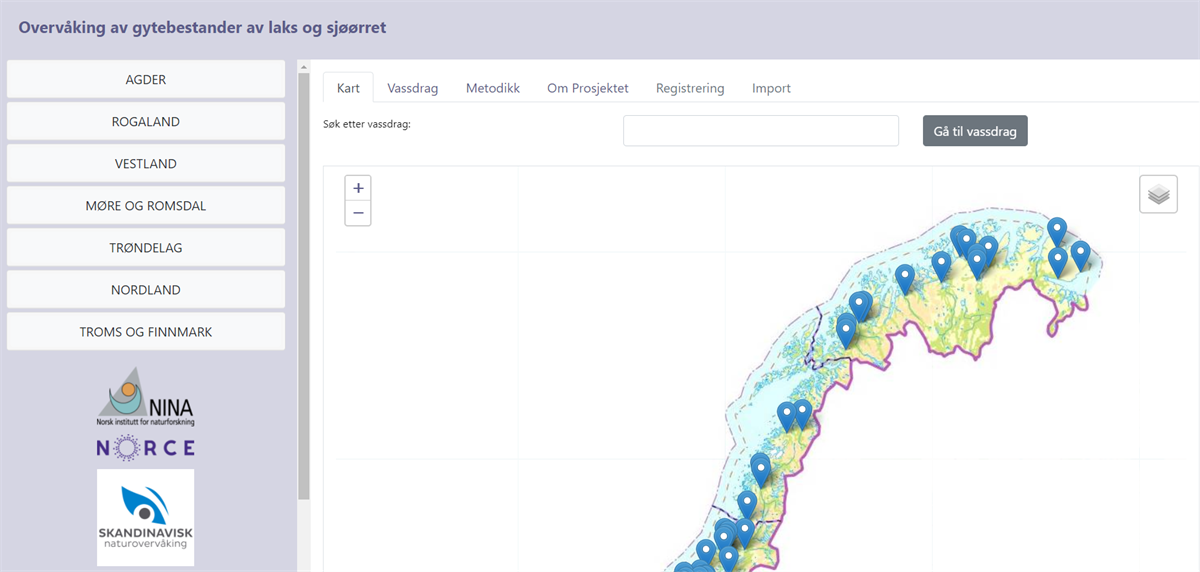 https://bestand.nina.no gir deg en oversikt over gytefisktellinger i 95 vassdrag. Velg fylke og elv i nedtrekksmenyen, eller klikk på kartet for å se antallet laks og ørret som er registrert for din elv. Informasjon om elva og siste gytefisktelling, 