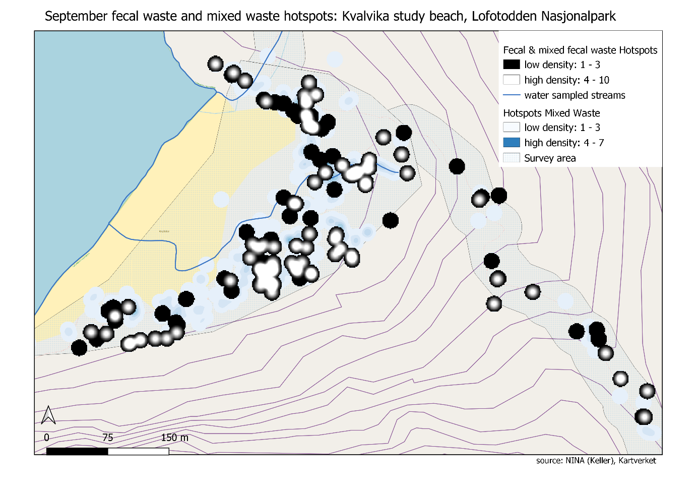 Kartet viser funn av avføring ved Kvalvika strand i september 2021.