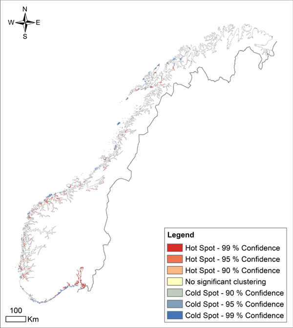 Basert på artens preferanser, økologi, fysiologi og mulige spredningsveier har forskerne modellert et kart over hotspots med størst sannsynlighet for at svartmunnet kutling dukker opp og kan etablere seg (Forsgren & Hanssen, Hydrobiologia 2022)