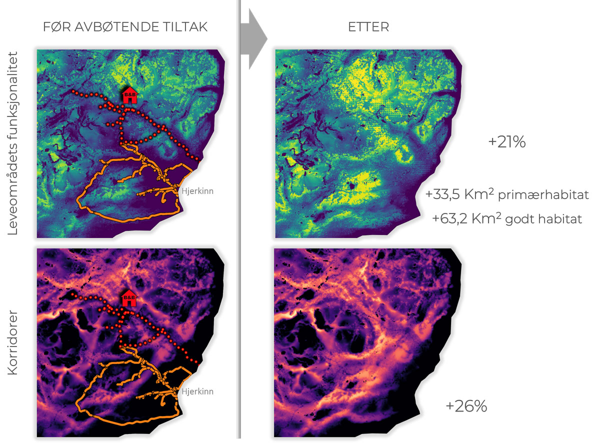 Simulering av effekten av foreslåtte avbøtende tiltak på Hjerkinn – Snøhetta Villreinområde. Bilde fra https://sites.google.com/view/reindeermapsnorway (CC BY-SA)