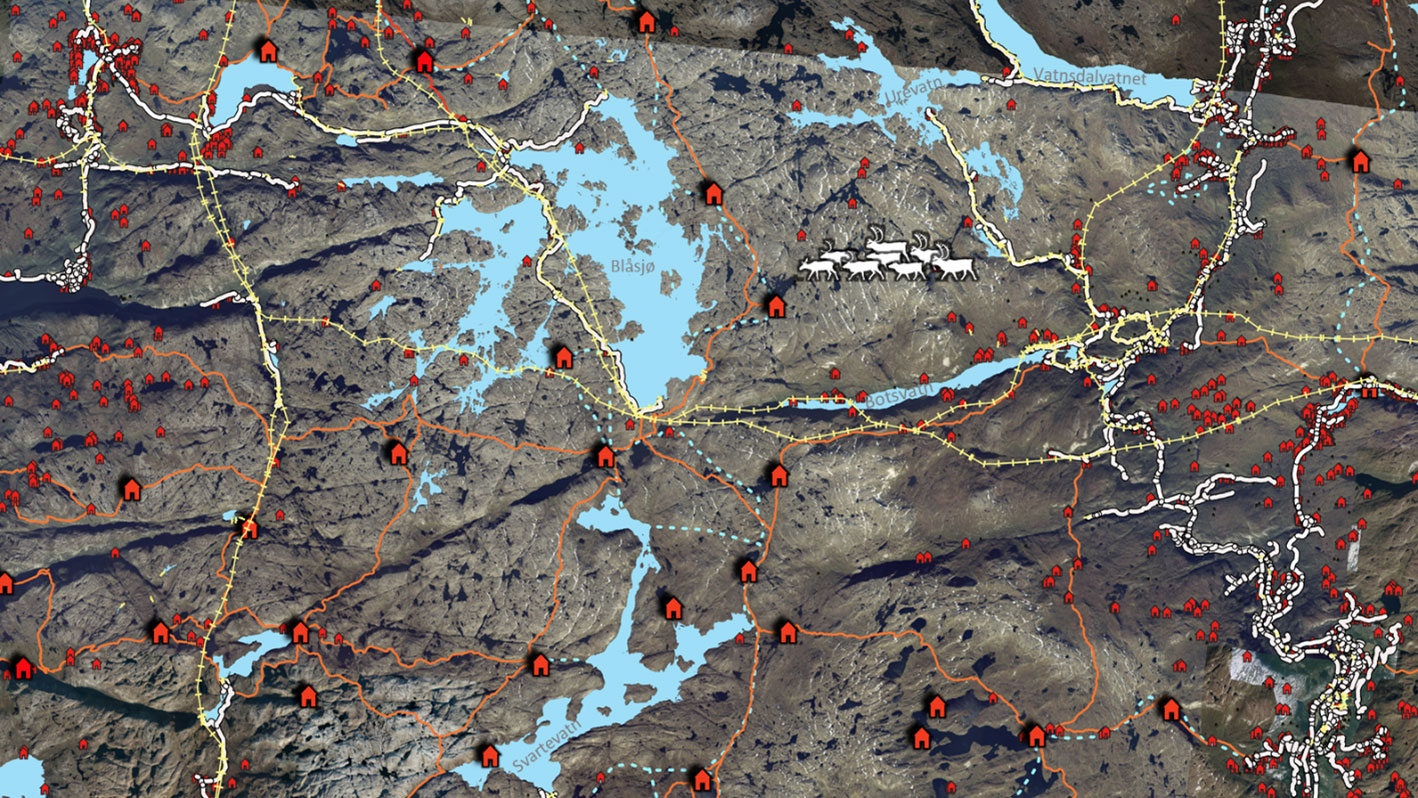 Noe av infrastrukturen som bidrar til den samla belastningen av menneskelig aktivitet rundt Blåsjø, Setesdal Ryfylke. Kart: Manuela Panzacchi /NINA.
