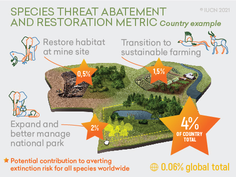 Figuren viser at restaurering av gruveområder, overgang til mer bærekraftig jordbruk og utvidelse av nasjonalparker vil bidra til å redusere utdøingsrisiko nasjonalt med 4 % og globalt med 0,06 %.