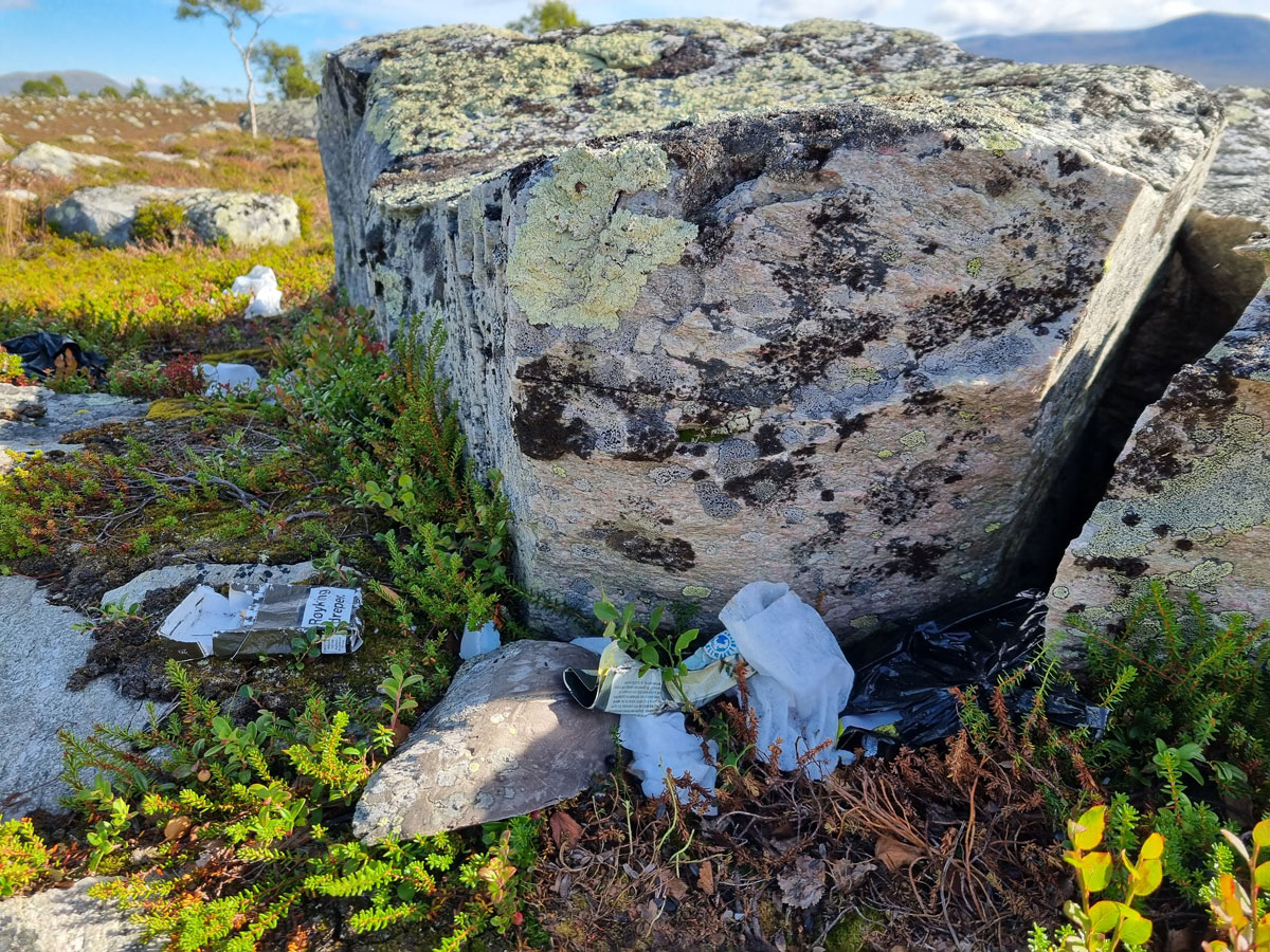 Avfall som lå ved en leirplass på Røvoltjønnan sommeren 2022. Foto: Rose Keller/NINA