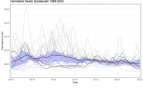 Vannstand i juni-august i Nedre Sjodalsvatn i perioden 1988-2022 vist som grå kurver. Gjennomsnittsvannstanden er vist som en svart kurve med 25-75 persentil i blå skravering. Enkeltårene 2017, 2018 og 2019 er vist som hhv. rød, grønn og lyseblå kurv