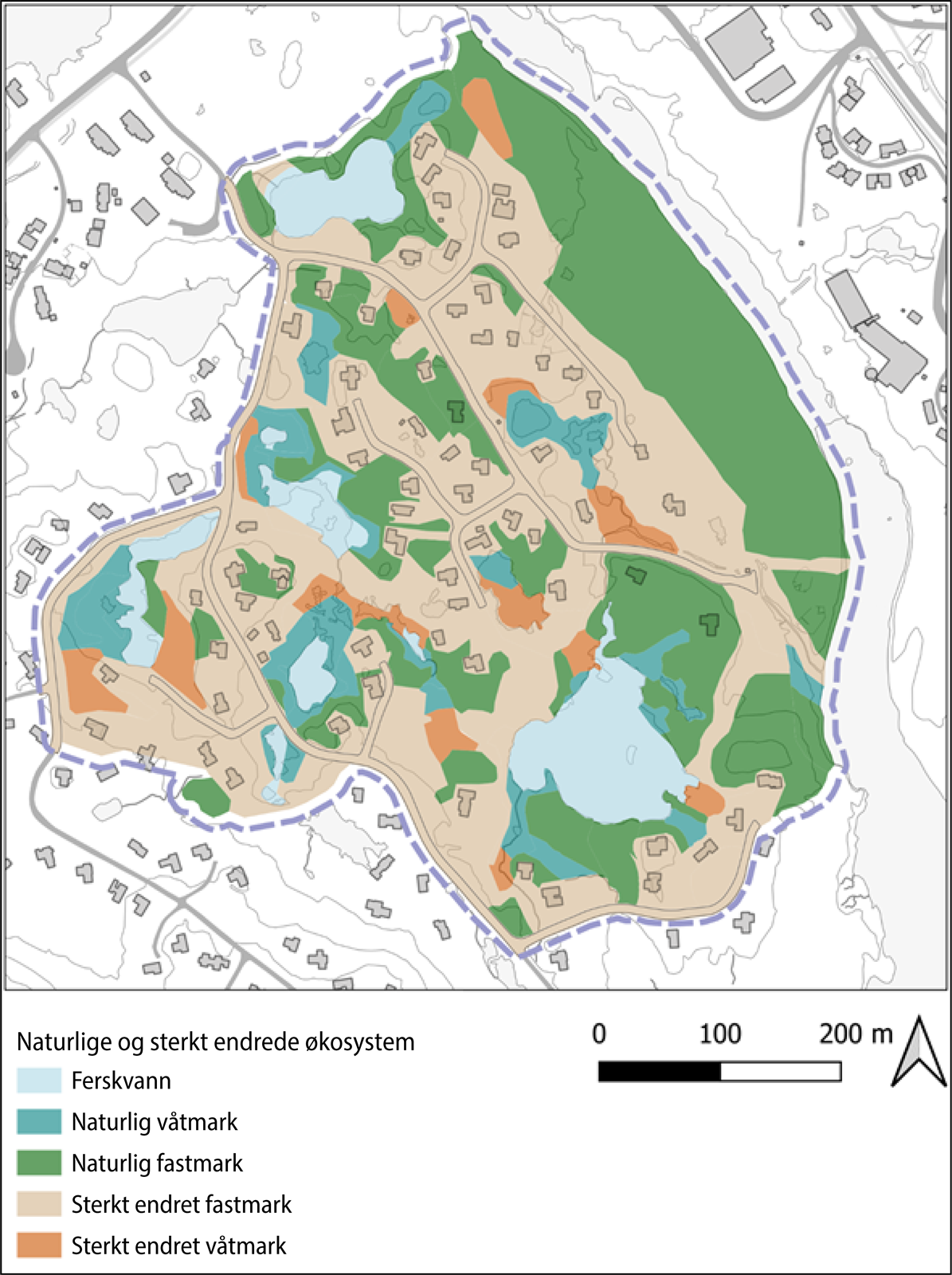 Kart over naturlige og sterkt endra økosystem i Otrosåsen i Hovden i Bykle kommune. Kart: NINA
