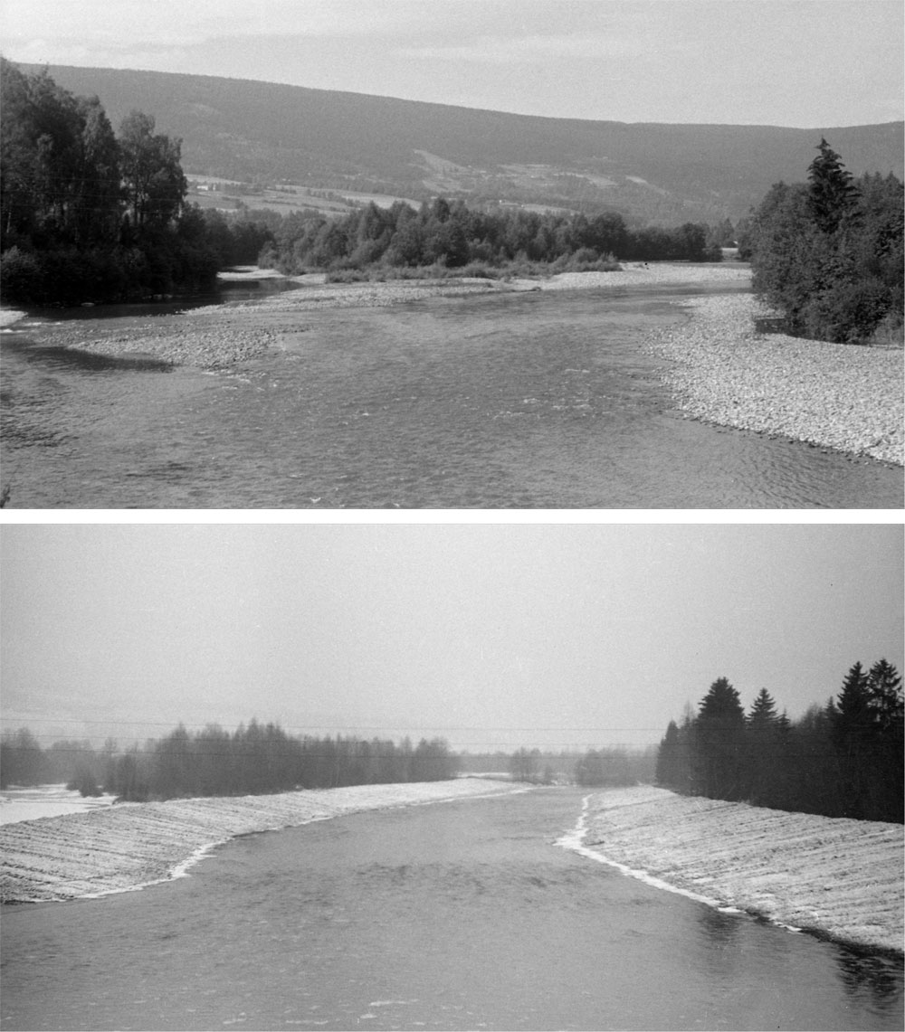 Nedre del av Gausadeltaet fotografert i 1954 (øverst) og 1959 (nederst). I 1959 har kanaliseringen med bulldosere blitt gjennomført for å lette tømmerfløtingen. Foto: Sven Gjessing (Kilde Norsk skogmuseum/ Anno museum/ Digitalt museum).