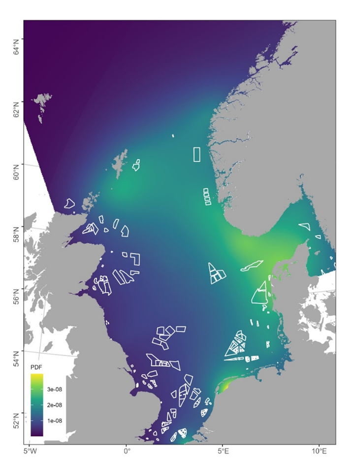 Cumulative impact for all bird groups if a 15 MW turbine was placed in each grid cell for all impacts combined. High impact values = yellow/ green, low impact values = blue. White outlines = footprint of all existing and future wind farms up to 2030.