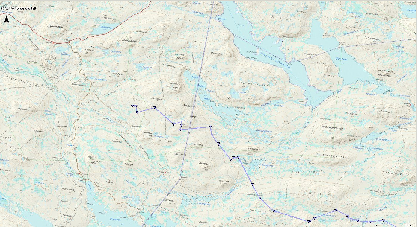Kart med GPS-data viser en reinflokk på vei mot Rv7