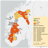 Helhetsvurdering av de ti nasjonale villreinområdene. Fargekode rød angir at villreinområdet er klassifisert til å ha dårlig kvalitet. Gul og grønn fargekode angir at villreinområdet er klassifisert til henholdsvis middels eller god kvalitet. Villrei
