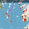 Bird tracks detected by the MAX radar on Fedje, showing both local bird movements (right) and possible migration movements (left); Yellow, orange and red tracks represent small, medium and large birds, respectively, pink tracks indicate likely flocks