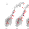 Kartet viser en oversikt over dokumenterte og antatte valpekull av fjellrev i 2021 (54), 2022 (72) og 2023 (39). Tallene på kartet angir antall kull i de ulike delbestandene. 