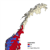 Kommuner med (blå, N = 75) og uten (rød, N = 166) kvotefri felling av hjortekalver (FriKalv) i 2022. Kommuner uten fellinger av hjort i 2021 er markert i beige.