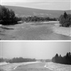 Nedre del av Gausadeltaet fotografert i 1954 (øverst) og 1959 (nederst). I 1959 har kanaliseringen med bulldosere blitt gjennomført for å lette tømmerfløtingen. Foto: Sven Gjessing (Kilde Norsk skogmuseum/ Anno museum/ Digitalt museum).
