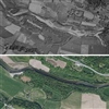 Flyfoto som viser de nedre delene av Gausa fra 1947 (øverst) før kanaliseringen og dagens situasjon (nederst). Kilde: Rektifiserte flybilder fra prosjektene Nittedal-Vinstra 1947 og Lillehammer sentrum 2023 nedlastet fra www.norgeibilder.no 13.01.20