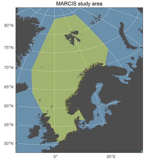 MARCIS-studieområdet er valgt for å omfatte Norsk økonomiske sone og Nordsjøen.